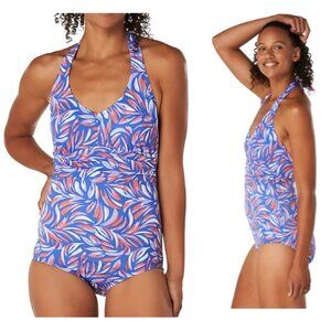 NEW SPEEDO Endurance Printed Halter One Piece Swimsuit Bathing Suit Women's 18